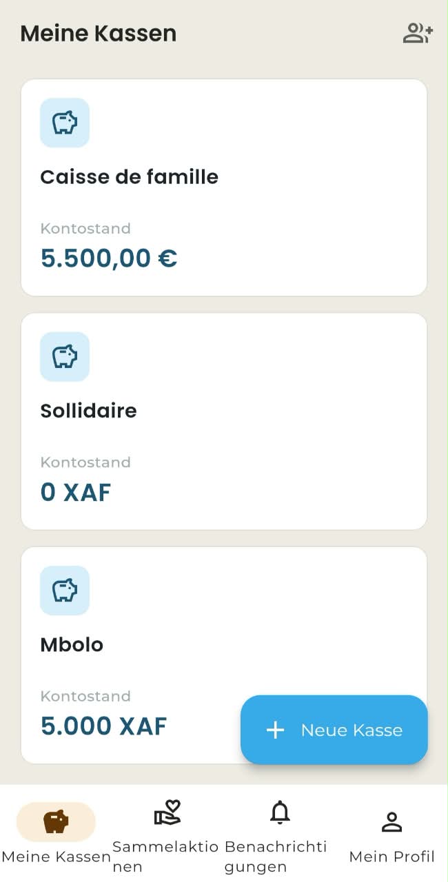 Startbildschirm und Kassenliste